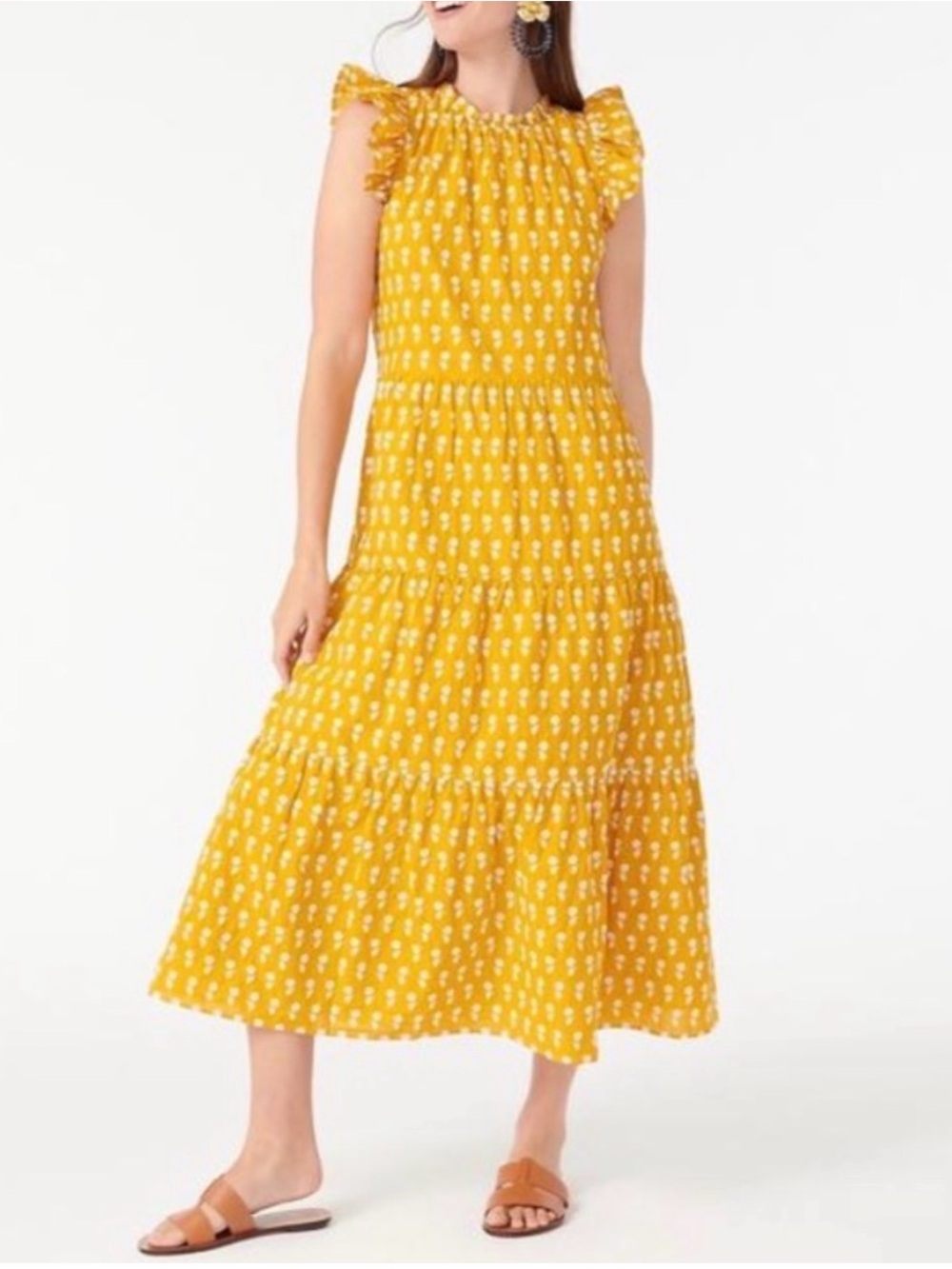 J. Crew Yellow Voile Tier Midi Dress Flutter Sleeve Cotton Sunflower Women XS